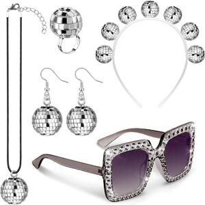 Tudomro 5 Pcs 1970s Disco Accessories Women Costume Set Disco Ball Earrings Headband Ring and Sunglasses and Other Accessories
