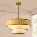 20" Golden Drum Chandelier with White Linen Lampshade 4-Light Modern Farmhouse Chandelier Light Fixture for Dining Room, Kitchen Island, Foyer, Entryway Bedroom