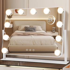 DenCert 360 Vanity Mirror with Lights 11 Led Bulbs Hollywood Lighted Makeup Mirror with 5X Magnification Mirror Hollywood Cosmetic Mirror Tabletop Makeup Mirror with 3 Lighting Modes 16x13 Inch