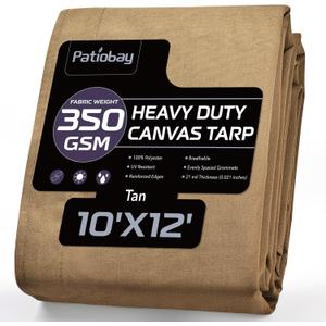 Canvas Tarp 10x12 Feet, 12 Oz Heavy Duty Water Resistant with Rustproof Grommets, UV Resistant, Multipurpose Outdoor Tarpaulin for Camping, Canopy, Woodpile, Trailer (Tan)