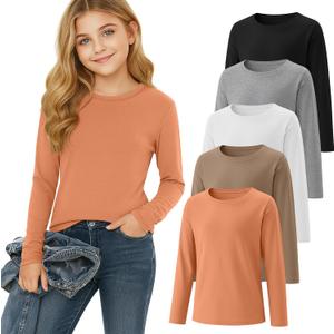5 Pack Girls' Long Sleeve Shirts Kids Soft Crewneck Casual Loose Fit Layering Tops Basic Athletic Pullover Tee, 11-13Y
