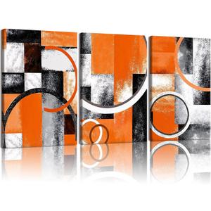 AUUAUU Orange Abstract Geometric Wall Art Set of 3, Modern Minimalist Canvas Prints Wall Decor 16x24 Inch Orange Black and White Pictures Framed Posters for Living Room Bedroom Office