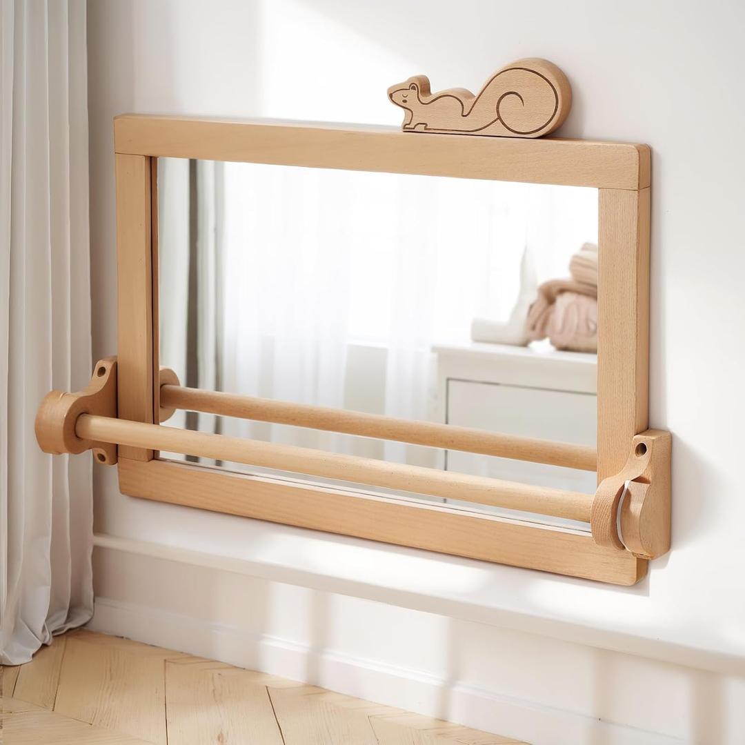 Montessori Mirror with Baby Pull Up Bar Pull to Stand 23.6" x 15.7"
Shatterproof, Horizontal & Vertical Mount, Squirrel Accessory, FSC-Certified Solid Wood
