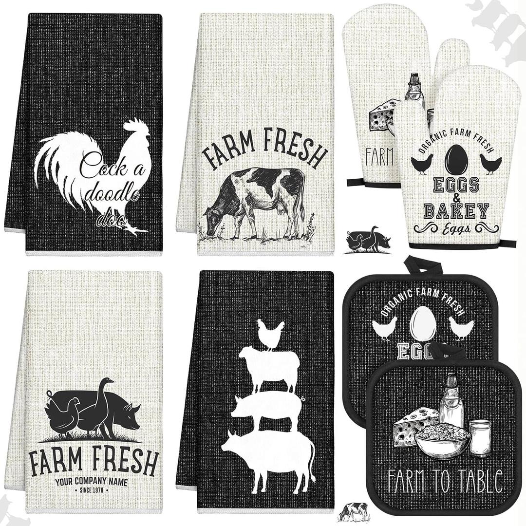 VitalCozy 8 Pcs Farm Animal Theme Kitchen Towels Pot Holders and Oven Mitt Set 4 Farmhouse Dish Towels 2 Rustic Square Potholders 2 Decorative Heat Resistant Glove for Cooking Baking Home Gifting