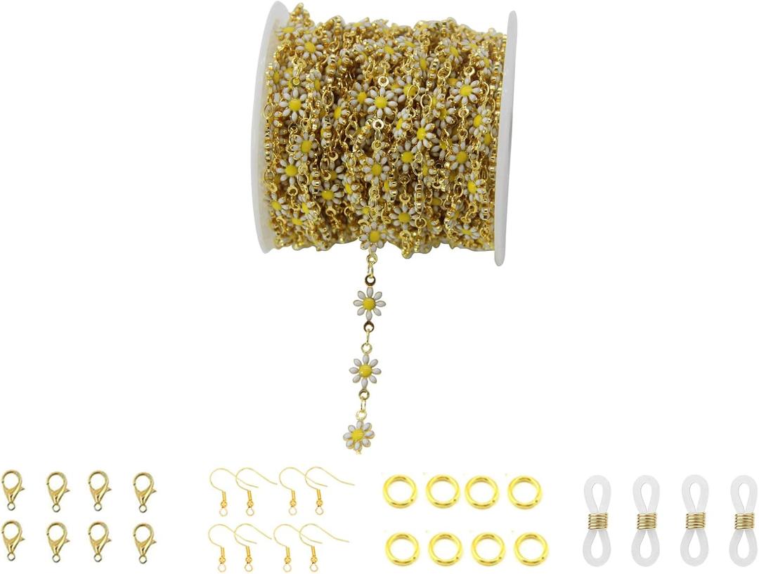 PAMIR TONG Handmade Enamel Sunflower Link Chain with Golden Plated Brass Findings for Jewelry Making Glass Mask Shoes Clothes Decoration (CC02)