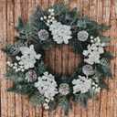 20 Glitter Pine Christmas Winter Wreath with Metallic Silk Hydrangea Pinecone & White Berry Mixed with Norfolk Cypress Cedar & Spruce, Wreaths for Front Door Porch Mantel & Fireplace Decor