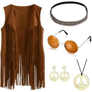 60s 70s Outfits for Women Party Accessories Peace Sign Earring Headband Fringe Vest Tassel Cardigan (Small, Khaki)