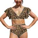 SPORLIKE Women Ruffle High Waist Swimsuit Two Pieces Push Up Tropical Print Bikini, M, Leopard