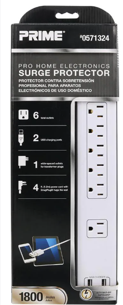 Prime Wire & Cable Prime Wire PB525106 6-Outlet Electronics Surge Protector with 14/3 SJT 4 Foot Cord and USB Charger, White