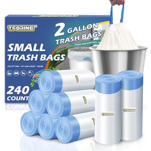 240 Count 2 Gallon Trash Bags Drawstring - Thick Small Garbage Bags Unscented,0.96 Mil White Mini Trash Can Liners,Strong Waste Basket Bags 7.5 Liter for Home Bathroom Office Car