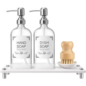 Kitchen Soap Dispenser Set, 16Oz White Glass Dispenser with Stainless Steel Pump, Instant Dry Tray, Waterproof Labels, Non-Slip Silicone Pad, Luxury Soap Dispenser Set for Kitchen, Bathroom