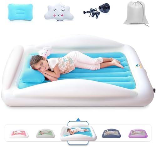 Sleepah Inflatable Toddler Travel Bed Portable Kids Air Mattress Set w Safety Bed Rail Guards for Kids & Toddlers – Set Includes Pump, Carry Case, Pillow & More - Perfect Transitional Cot Aqua. Dirty.