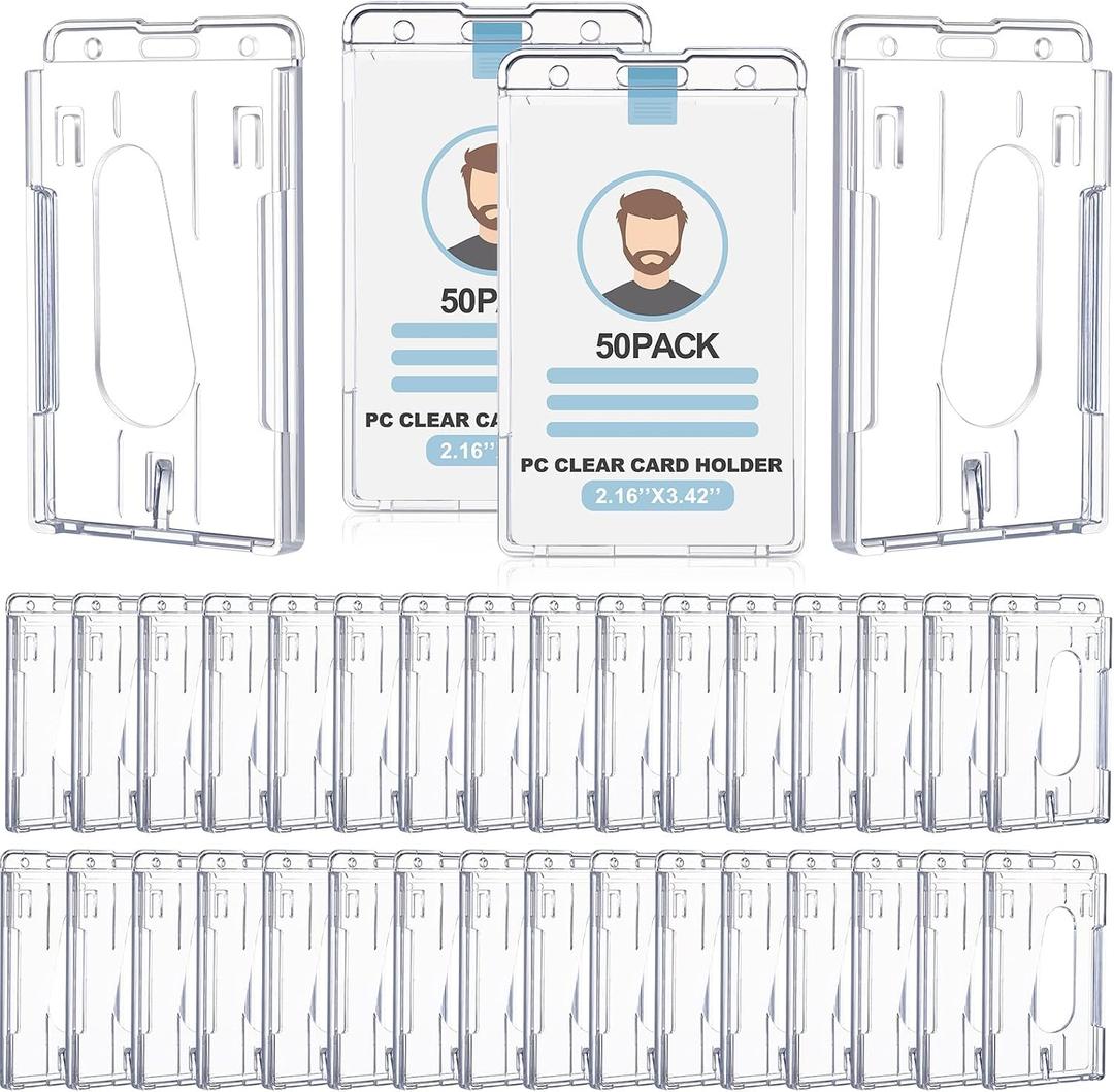 Patelai 50 Pcs Hard Plastic Badge Holder with Thumb Slot Dual Sided Clear Card Holder Badge Protector Vertical ID Holders for Badge Office School Driver's Licenses and Passes