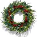LampLust Winter Wreaths for Front Door Outside, 24 Inch Cypress & Eucalyptus Wreath with Red Berries 100 LED Lights, Timer, Battery Powered, Farmhouse Wreath Year Round, Winter Wreaths for Indoors