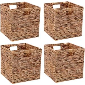 Storage Baskets 11x11inch Cube Baskets 4 pcs Baskets,Foldable Handwoven Water Hyacinth Laundry Organizer,Cube Storage Baskets