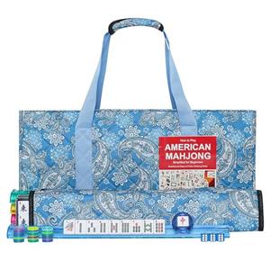 GUSTARIA American Mahjong Game Set, 166 Quality White Tiles, 4 All-in-One Color Rack/ Pushers, Mahjong Tile Set with Light Blue Printed Carrying Bag
