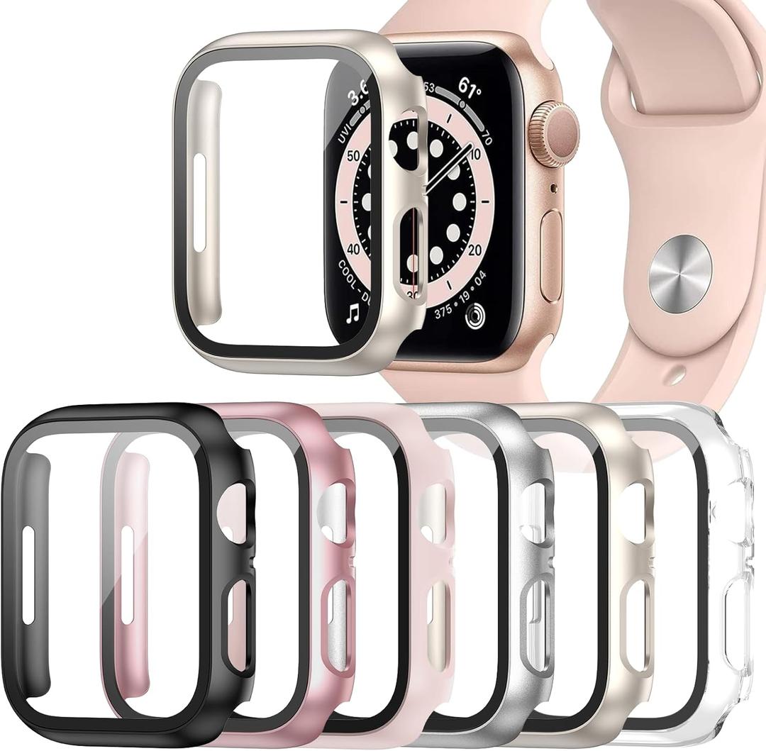 6 Pack Case for Apple Watch Series 9/8/7 41mm Tempered Glass Screen Protector, Hard PC Ultra-Thin Scratch Resistant Full Protective Face Cover Bumper for iWatch 41mm Accessories (Black+Clear+Pink+Rose gold+Silver+Starlight)