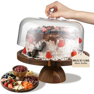 Acacia Wood Cake Stand with Lid,12in Round Acrylic Cake Stand with Dome,2-In-1 Reversible Charcuterie Board with Lid,Large Wooden Baked Goods Display Holder,Perpare For Dessert,Cheese,Chips,Cookie