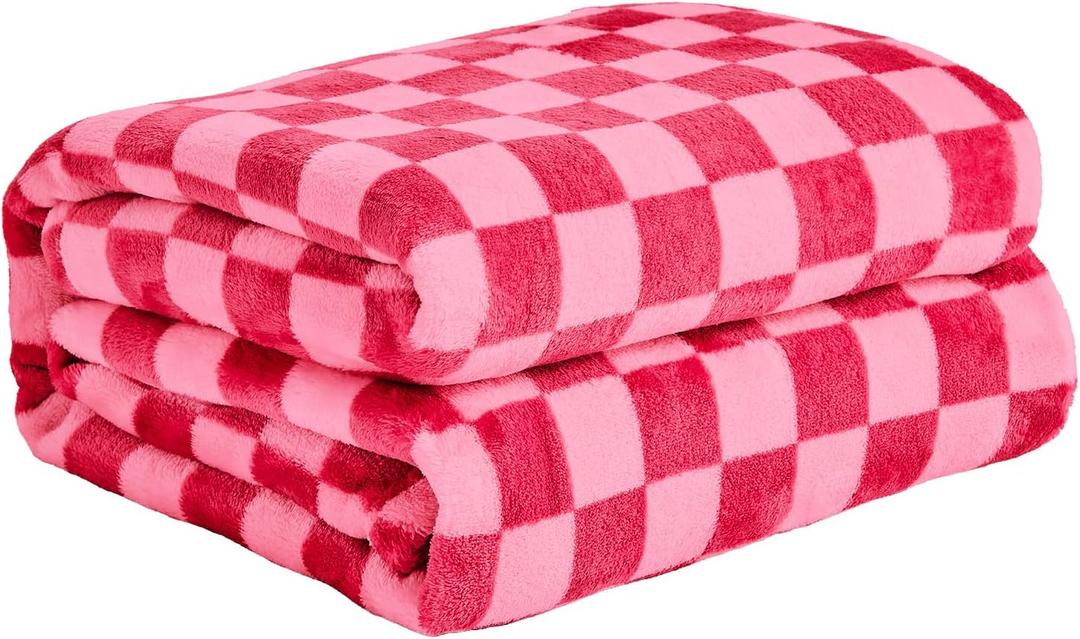 FY FIBER HOUSE Checkered Flannel Fleece Throw Blanket Soft Cozy Checkerboard Grid Print Chessboard Gingham Pattern Blankets for Bed Couch Sofa, 50"x60", Hot Pink (50"X60", Hot Pink)
