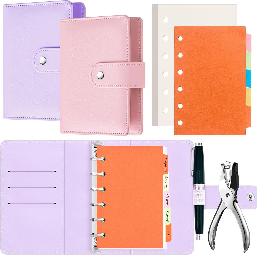 Henoyso 2 Pcs 3" x 5" Index Card Binder with Dividers A7 Refillable 6 Ring Money Saving Binder Leather Budget with 10 Card Guides 160 Index Cards and Hole Punch for Business Office Home