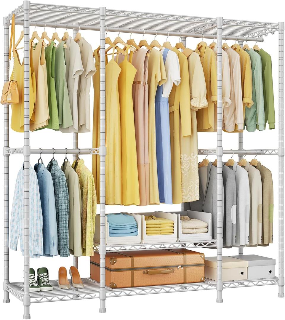 Ulif E3 Heavy Duty Garment Rack, 4 Tiers Freestanding Closet Organizer System with 5 Shelves, Metal Closet Organizer and Storage System for Clothes, Max Load 850lbs, 58.4"W x 15.7"D x 77.3"H, White