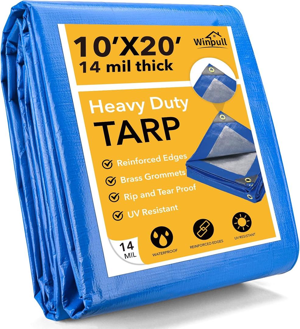 Tarp 10x20 Feet 14 Mil Heavy Duty Waterproof Tarp, Large Multipurpose Cover with Brass Grommets and Reinforced Edges, UV Resistant Thick Poly Tarps for Outdoor Camping Tent Pool Car, Blue
