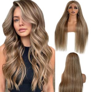 28 Inch Ombre Brown Highlight Lace Front Wigs Human Hair Balayage Brown with Ash Blonde Highlights Brazilian Raw Human Hair 13x6 HD Frontal Wig Pre Plucked 180% Density Glueless Wigs for White Women
