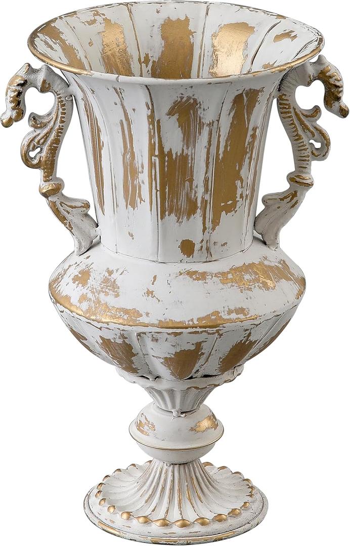 SOFE Distressed White and Gold Metal Vase, 10 Inch Tall Rustic Vintage Flower Vase, Small Urn Planter for Wedding Party Table Centerpieces, Flower Vases for Bouquet, Living Room Home Shelf Decor