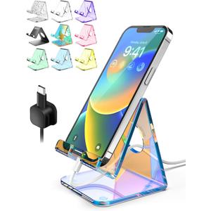 TOPGO Acrylic Phone Stand, Clear Phone Holder for Office Desk, Vanity, Kitchen Counter, Bedside Table, Compatible with iPhone 17 16 15 14 13 12 Pro Max Plus/Smartphones/iPad/Switch - Iridescent Color