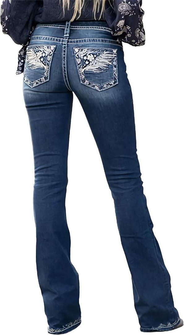 QJBMEI Women's Jeans Feather Flower Embroidery Mid Rise Stretchy Bootcut Slim Wide Leg Pants S