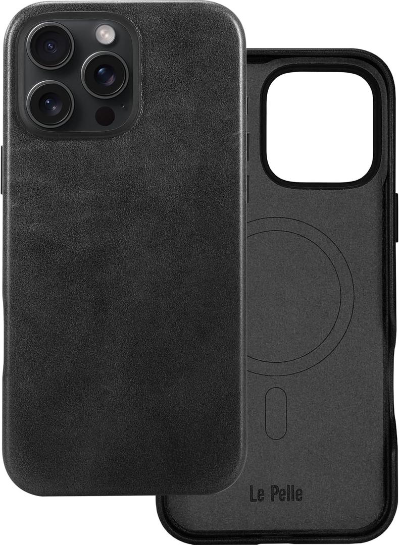 Handcrafted Premium Italian Leather Case for iPhone 16 Pro Max - Compatible with Magsafe - Two-Tone Effect with Unique Patina Over Time - Graphite Black