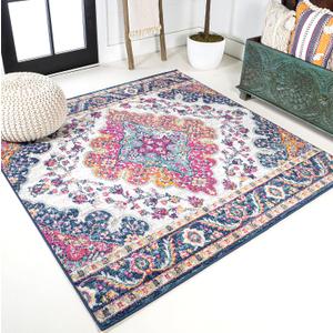 JONATHAN Y Boho Vintage Blue/Multi 4x4 Square Area Rug, Bohemian Flair Medallion, Floral Easy-Cleaning High Traffic for Living Room, Bedroom, Kitchen, Pet-Friendly, Non Shedding (BMF106A-4SQ)