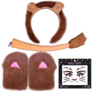 Christmas Reindeer Antlers Headband,Tail,Paws,Face Stickers, Halloween Festival Parties Dress up (Lion Brown)