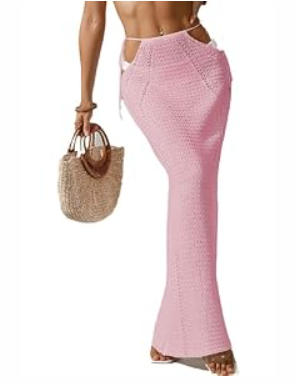 BreathSunny Womens Crochet Knit Slim Fit Swimsuit Dressy Casual Coverup Sarong Summer 2025 Elastic Waist Tie Hollow Out Sheer Swimwear Beach Swim Bathing Suit Cover Up Maxi Skirt Pink L