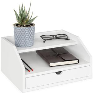 Ballucci Desk Organizer with Drawer, 2 Tier Paper Office Supplies Desk Organizer, 13 2/5" x 9 3/5" x 6", White