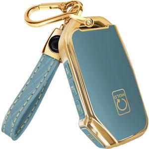 Lucrum for Kia Key Fob Cover and Leather Keychain - TPU Key Case for Kia Sportage, Soul, Forte, Telluride, EV6, Niro, K5, Stinger - 2018-2023 Keyfob Cover - Blue and Gold