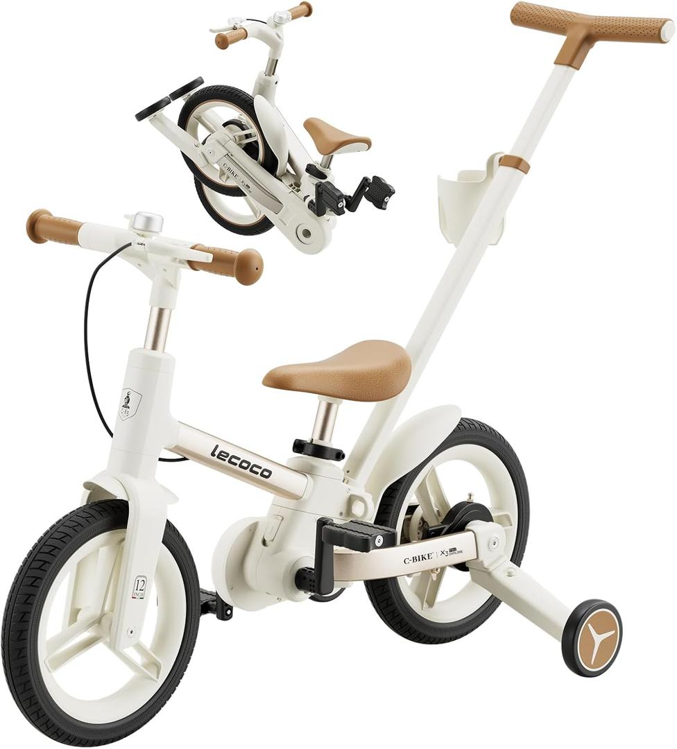lecoco Upgraded Toddler Bike with Push Handle 6 in 1 for Kids, Balance Bicycle Toys with Training Wheels, Brackes, Cup Holder, Pedal, Kickstand Birthday Gift for Boys and Girls, 12 inch