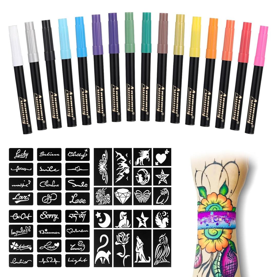 Temporary Tattoo Markers for Skin, 16-Count Body Markers+77 Large Tattoo Stencils of Assorted Colors for kids and Adults, Flexible Brush Tip, Bright colors, Skin-Safe*, Cosmetic-Grade.