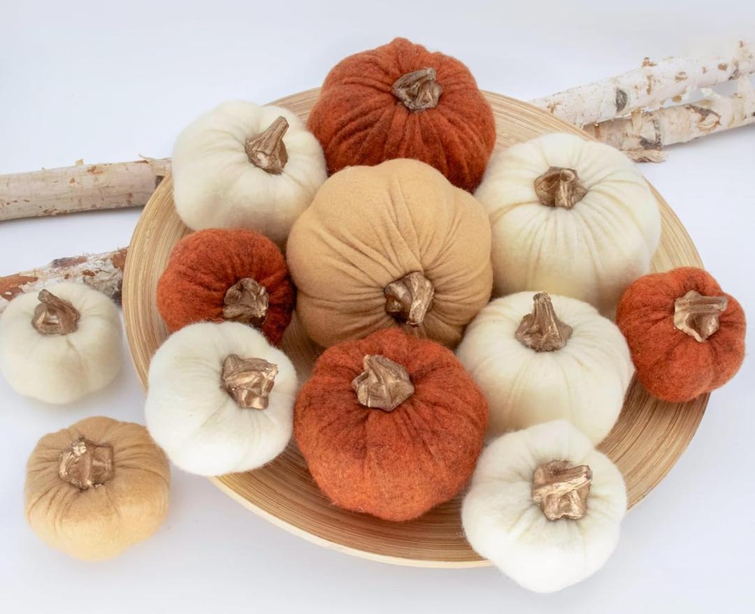 12 PCS Fall Pumpkin Decor, Felt Fabric Artificial Faux Fake Pumpkins for Home and Table Centerpiece, Autumn Harvest and Thanksgiving Decorations