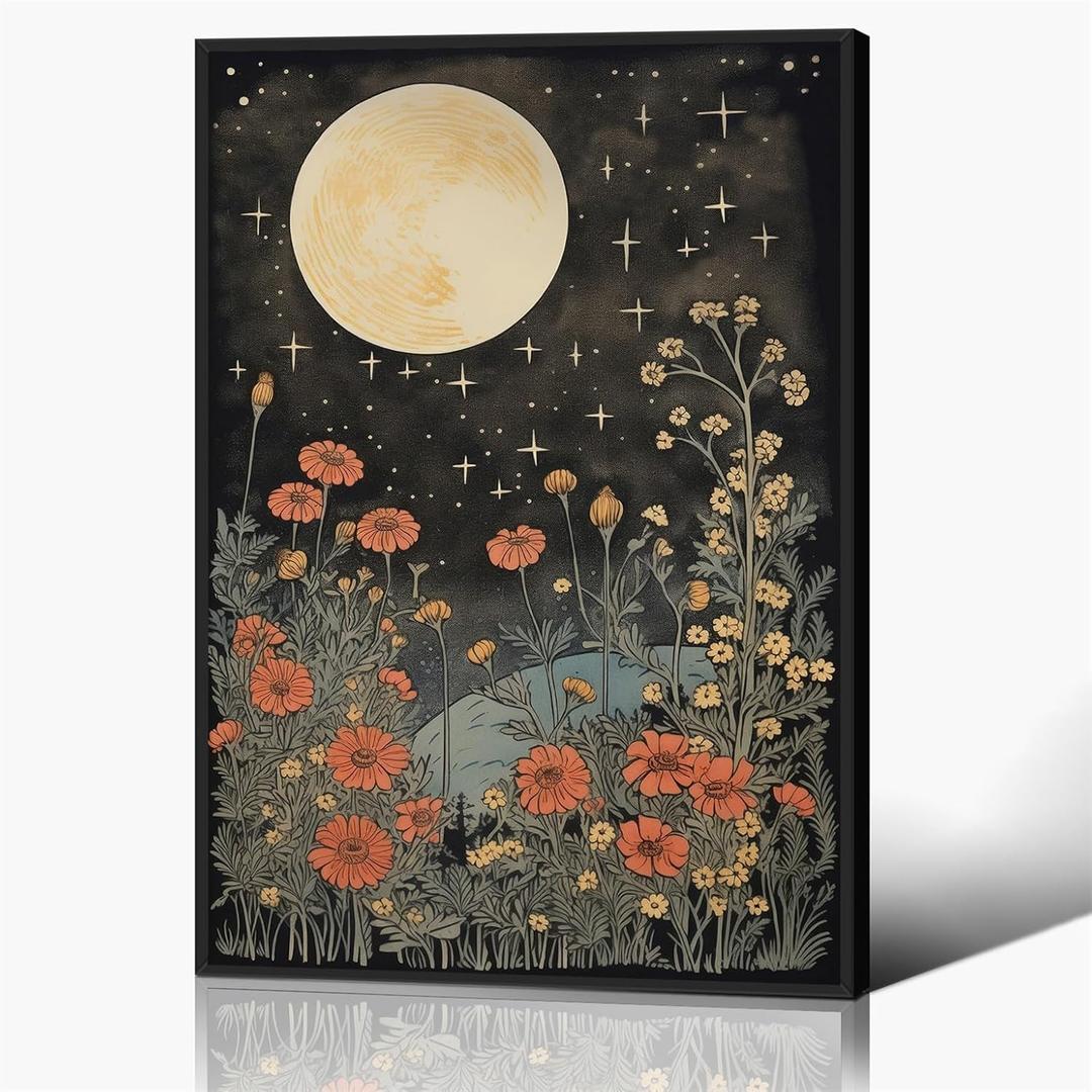 Vintage Moon Flowers Canvas Wall Art, Retro Mystical Celestial Moon Poster, Rustic Orange Yellow Wildflower Field Print, Cottagecore Ethereal Moonlight Botanical Floral Wall Decor 12x16in Framed (12L" x 16W")