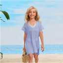 SOLY HUX Girl's V Neck Crochet Short Sleeve Beach Dress Summer Swimsuit Bikini Cover Up (8Y, Solid Light Blue)