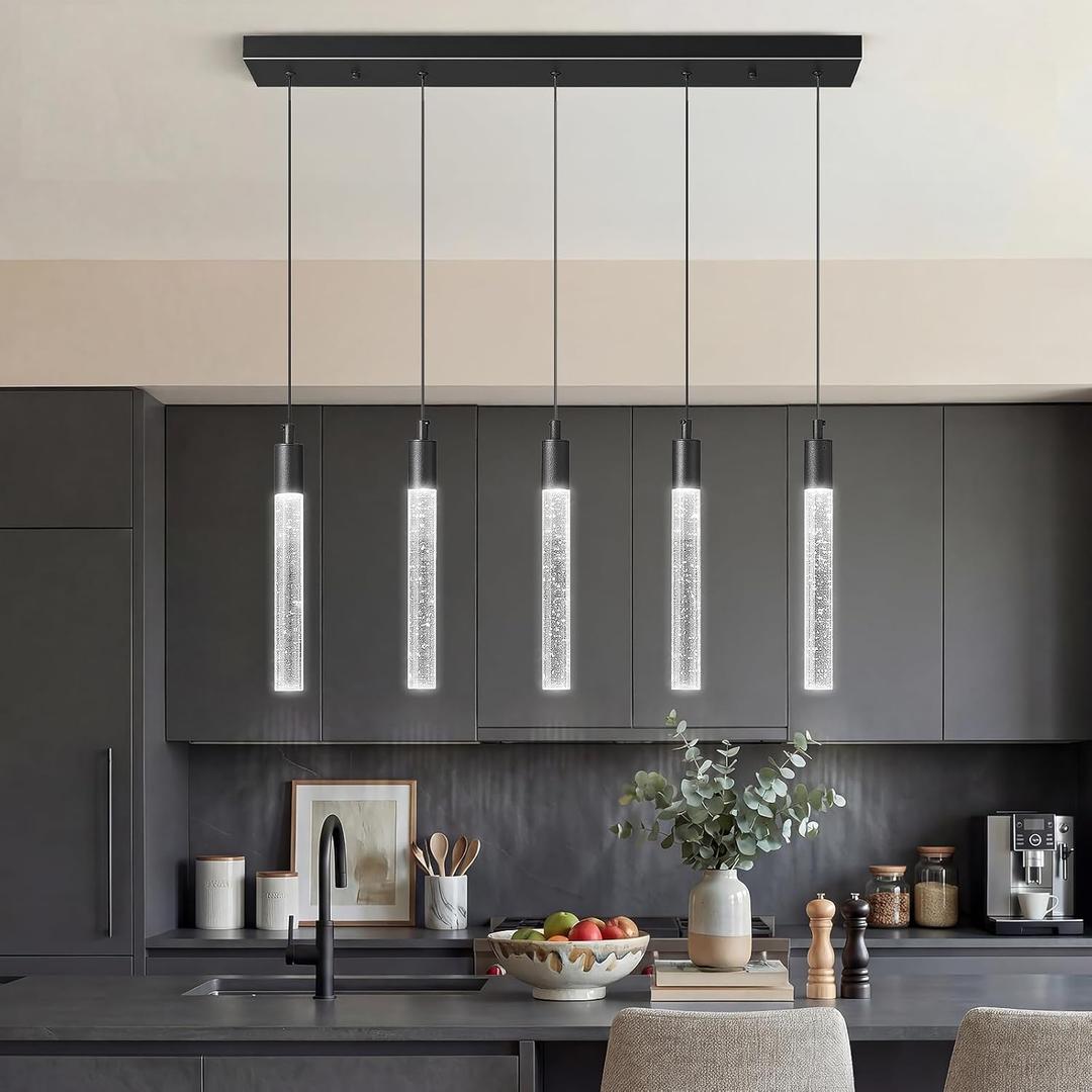 Kitchen Island Lighting Modern Light Fixture Black Pendant Light Dimmable LED Black Finish Mini Crystal Pendant Lights for Dining Room Living Room5-Light