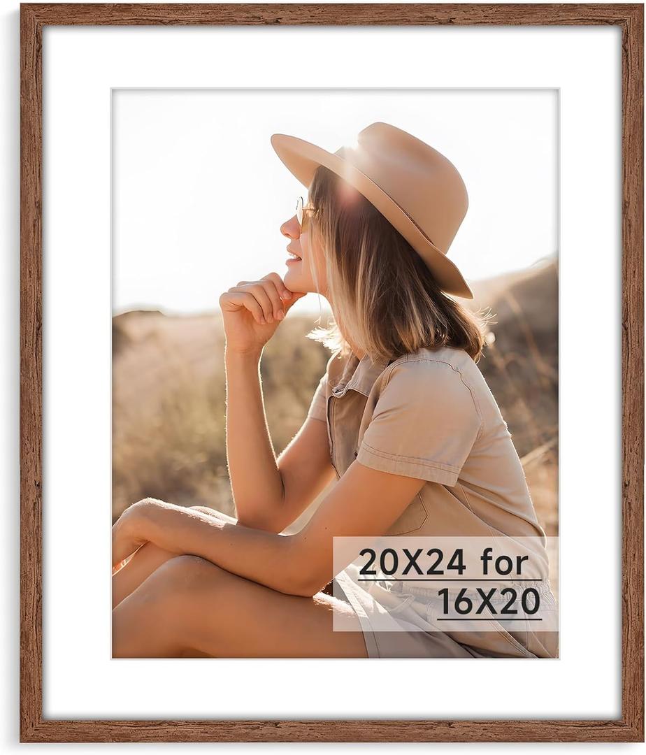 HLiWEGNS Light Walnut 20x24 Frame - Single Frame - Rustic Woodgrain 20 x 24 Poster Frame for Pictures 16x20 with Mat or 20x24 Picture Frame Without Mat for Wall Gallery Display - Ideal Christmas Day