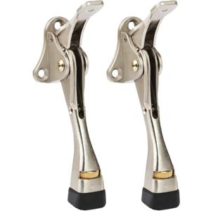 Kickdown Door Stopper 4 Inches - 2 Packs One Touch Adjustable Height Door Stop for The Bottom of Door Aluminum Alloy Metal Door Stopper with Rubber Tip & Wall Protectors for Wide Doors Satin Nickel