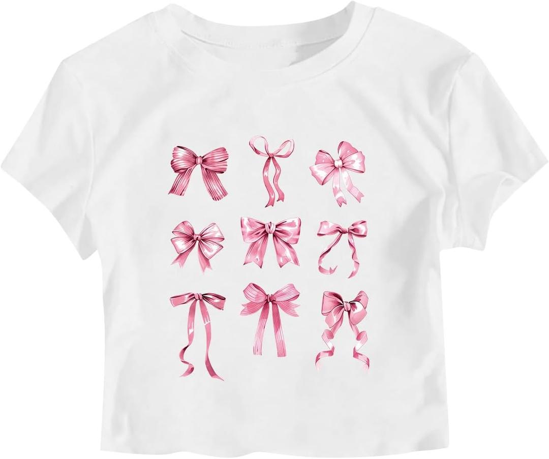 RoseSeek Girl's Letter Bow Graphic Tees Short Sleeve Crewneck Cute Shirts for Teen Girls Trendy (White)