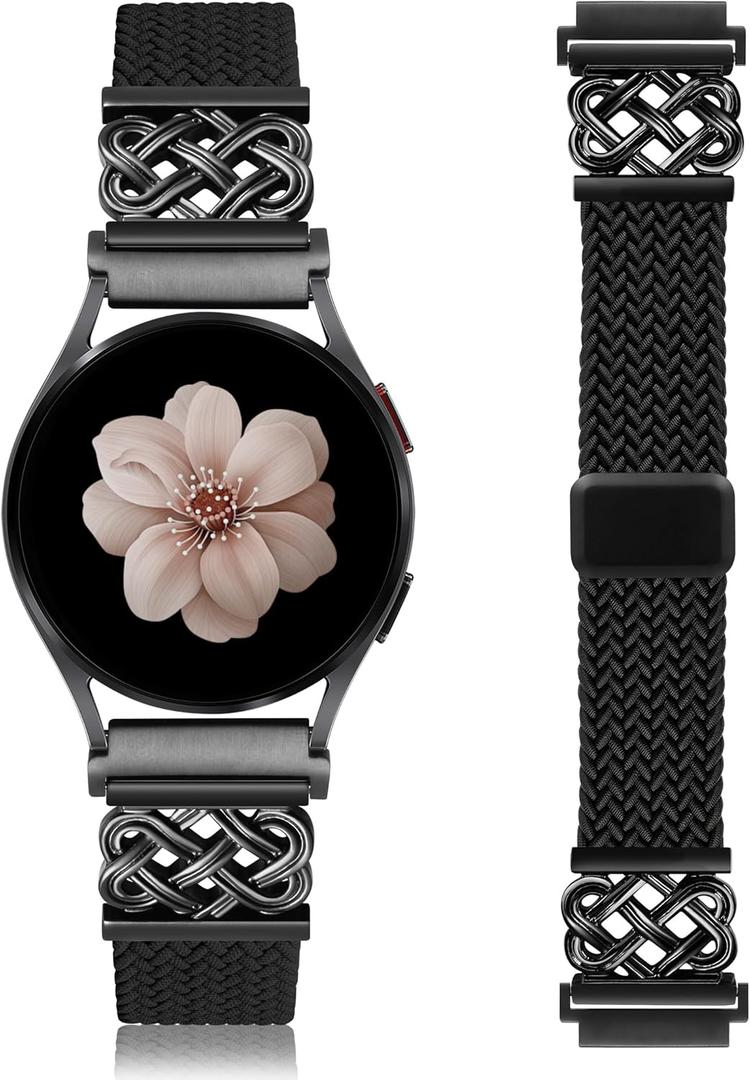 Braided Magnetic Band Compatible with Samsung Galaxy Watch 8 7 6 5 4 FE 40mm 44mm/8 6 Classic/5 Pro/4 Classic/3 41mm/Active 2 Women Men, 20mm Celtic Stretchy Elastic Dressy Nylon Strap, No for Ultra (Black/Black)