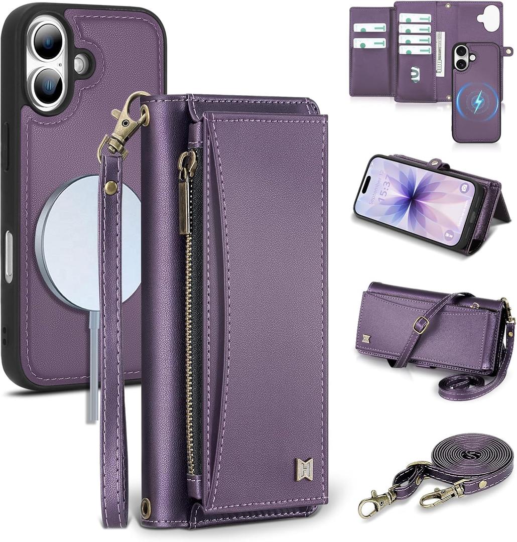 Wallet Case for iPhone 17 with Card Holder/Crossbody Wallet/Strap,[RFID Blocking][Magnetic] PU Leather Phone Case for iPhone 17,6.3 in,Purple