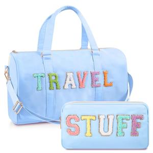 Shinylin 2 Pcs Travel Preppy Duffle Bag and Chenille Letter Makeup Pouch Cosmetic Zipper Patch Weekender Carry on Tote Bag for Women(Blue)