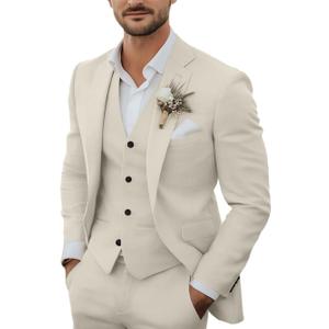 Men's 3 Piece Linen Suits Casual Lightweight Blazer Jackets Vest Pants Set for Wedding Business Prom Suit (Beige, XL)