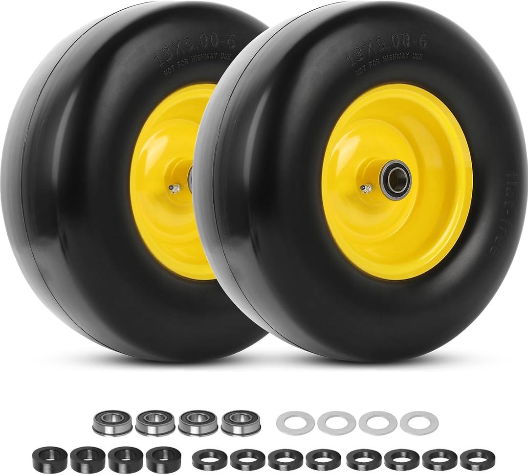 AR-PRO 13x5.00-6 Flat Free Tire and Wheel, Relacement 13x5-6 Solid Smooth Tread Tire with Rim for Garden Tractor Riding Lawn Mowers, 3.25"-5.5" Centered Hub and 3/4" Bearings extra 5/8" (2-Pack)
